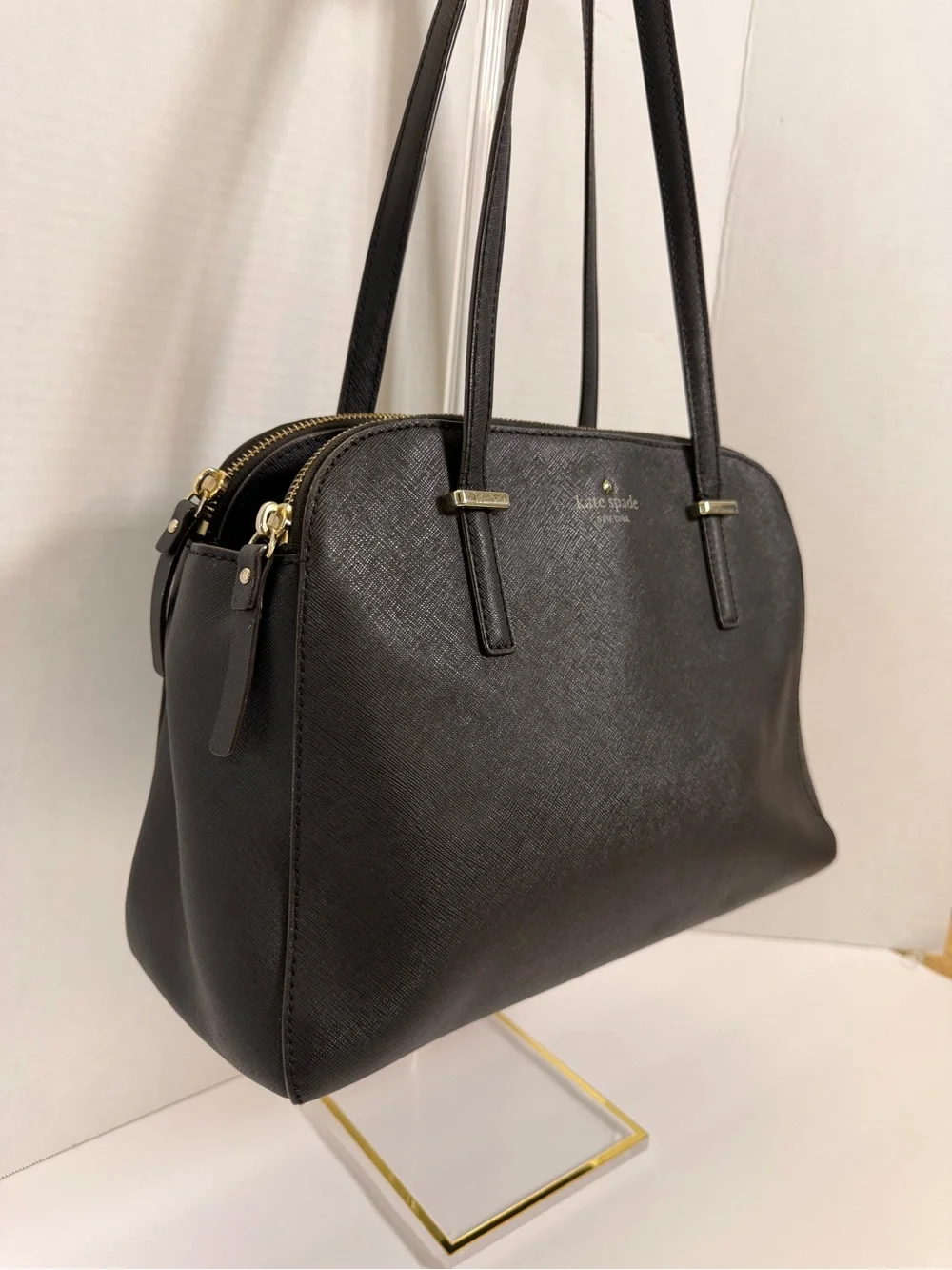kate spade black leather dome satchel with gold hardware